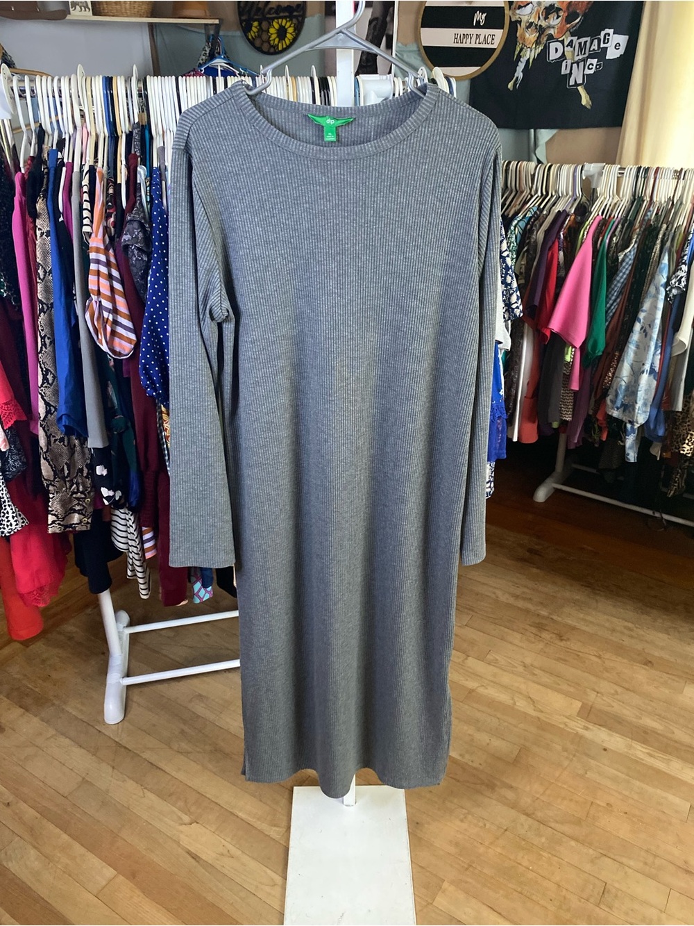 dip Ribbed Long Sleeve Knit Dress in Gray
